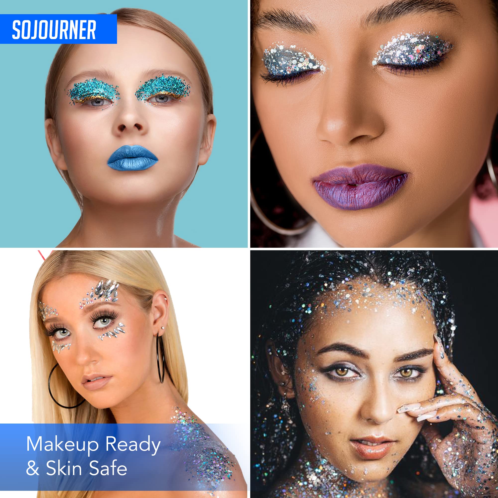 SoJourner Bags Neon Holographic Glitter – 12 Colors + Glitter Glue for Face, Hair & Nails