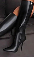 Solid Color Side Zipper Pointed Toe Stiletto Knee High Boots