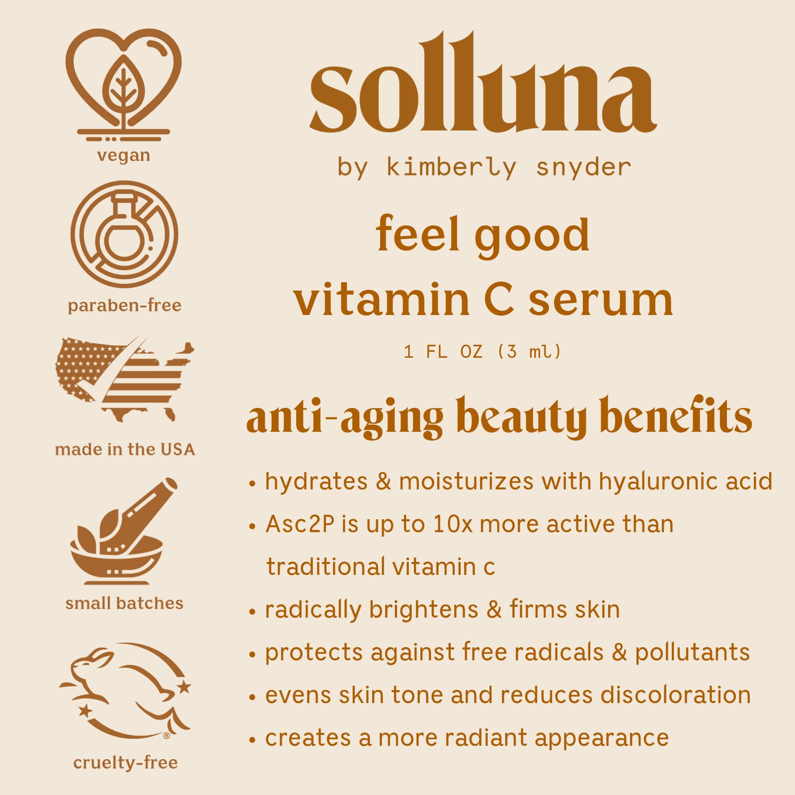Solluna by Kimberly Snyder Plant-Based Vitamin C Serum — Hydrating, Firming & Soothing (1 oz)