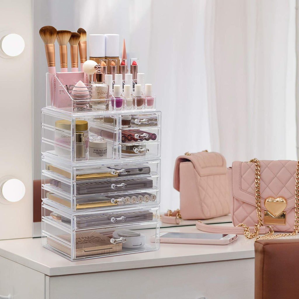 Sorbus Large Clear Makeup Organizer - Detachable 4-Piece Set for Vanity