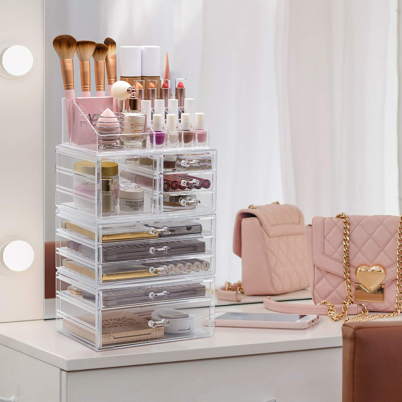 Sorbus Large Clear Makeup Organizer - Detachable 4-Piece Set for Vanity