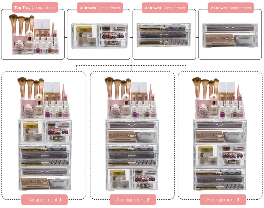 Sorbus Large Clear Makeup Organizer - Detachable 4-Piece Set for Vanity