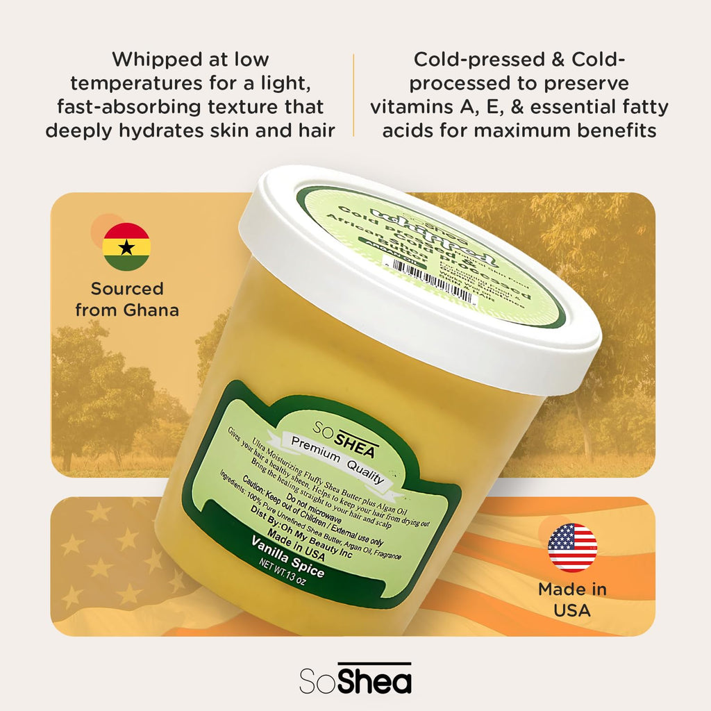 SoShea Whipped Shea Butter Vanilla Spice – Deep Hydration, 11.5oz (326g), Vegan & Cold-Processed