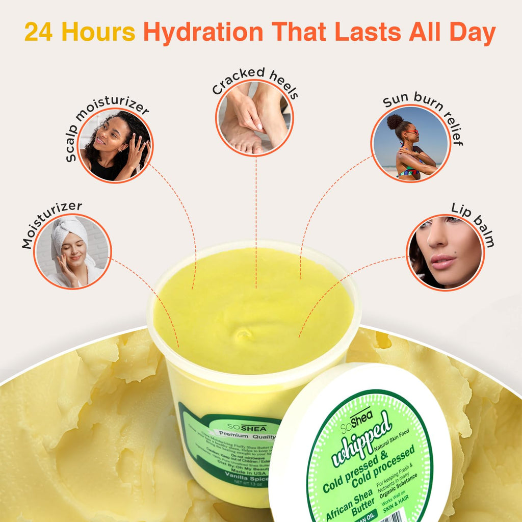 SoShea Whipped Shea Butter Vanilla Spice – Deep Hydration, 11.5oz (326g), Vegan & Cold-Processed