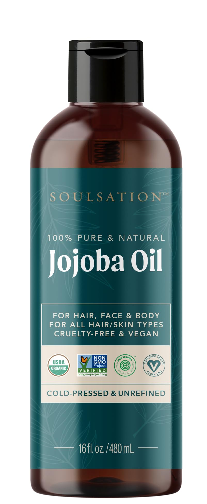 SOULSATION Organic Jojoba Oil (16oz) – Pure, Cold-Pressed, Non-GMO, Vegan