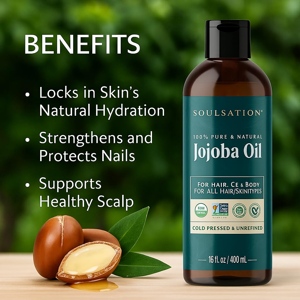 SOULSATION Organic Jojoba Oil (16oz) – Pure, Cold-Pressed, Non-GMO, Vegan
