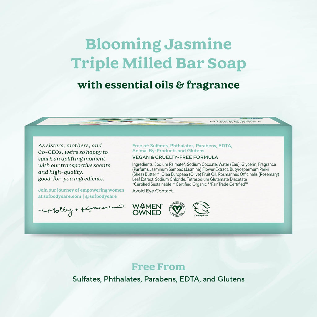 South Of France SoF Blooming Jasmine Triple Milled Bar Soap – Coconut Oil & Organic Shea Butter – Vegan & Non-GMO – 4 x 6 oz Bars