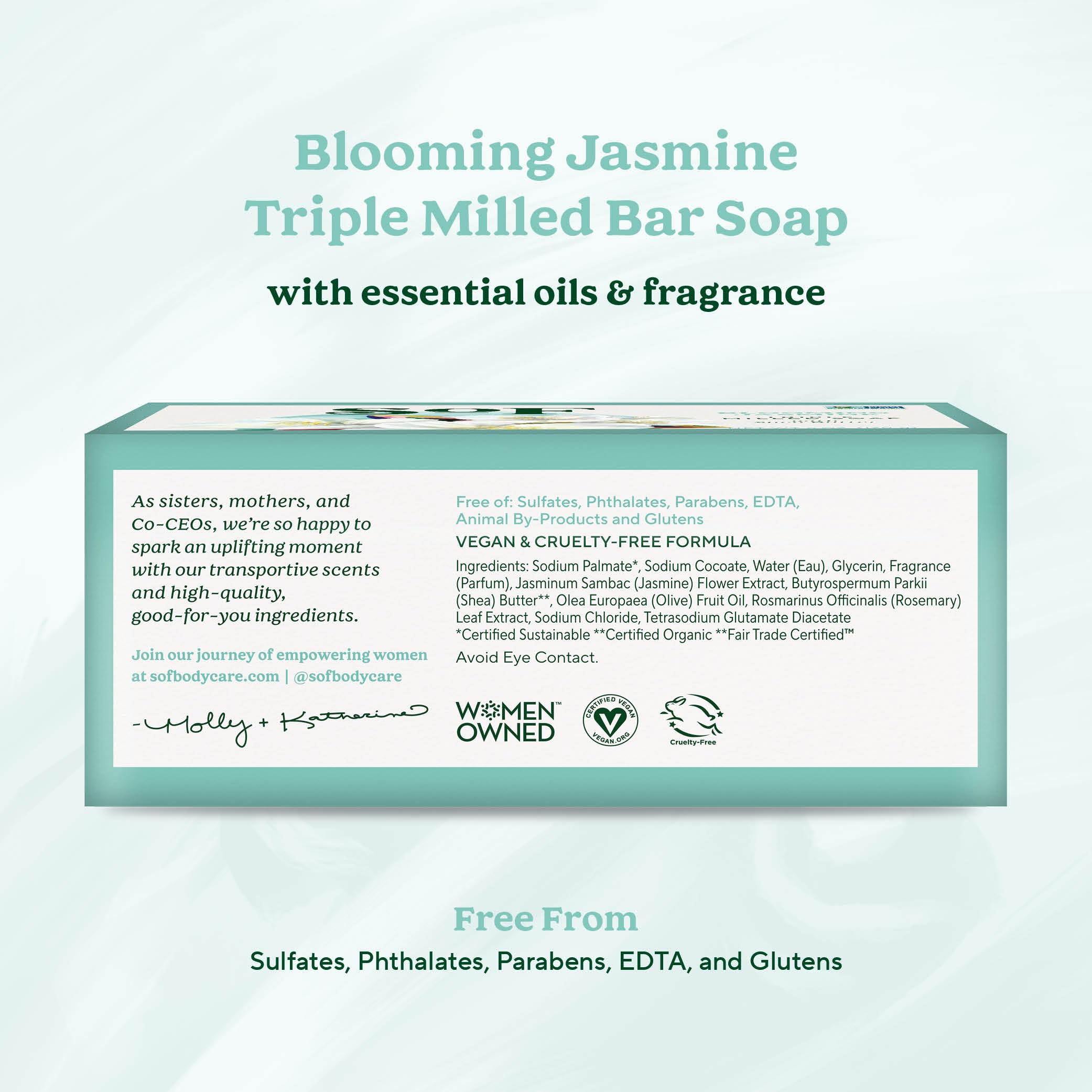 South Of France SoF Blooming Jasmine Triple Milled Bar Soap – Coconut Oil & Organic Shea Butter – Vegan & Non-GMO – 4 x 6 oz Bars
