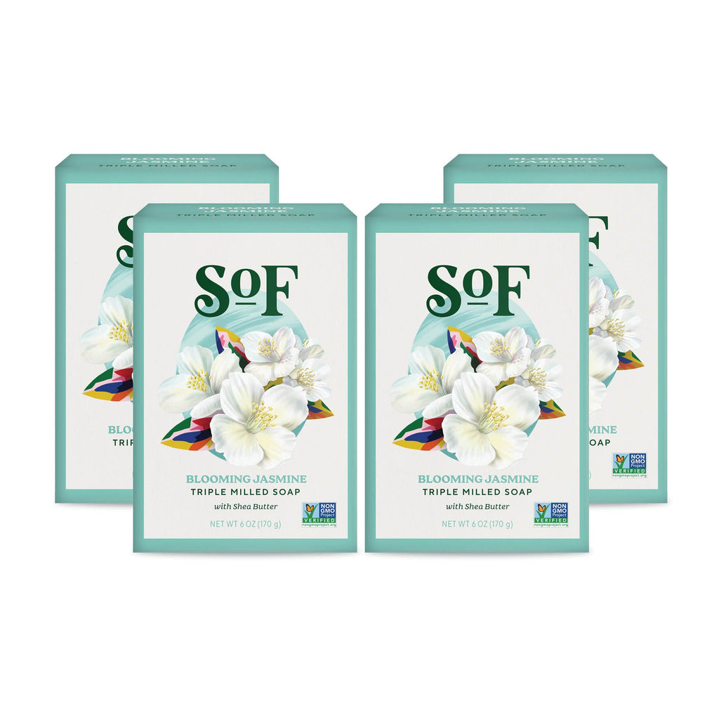 South Of France SoF Blooming Jasmine Triple Milled Bar Soap – Coconut Oil & Organic Shea Butter – Vegan & Non-GMO – 4 x 6 oz Bars