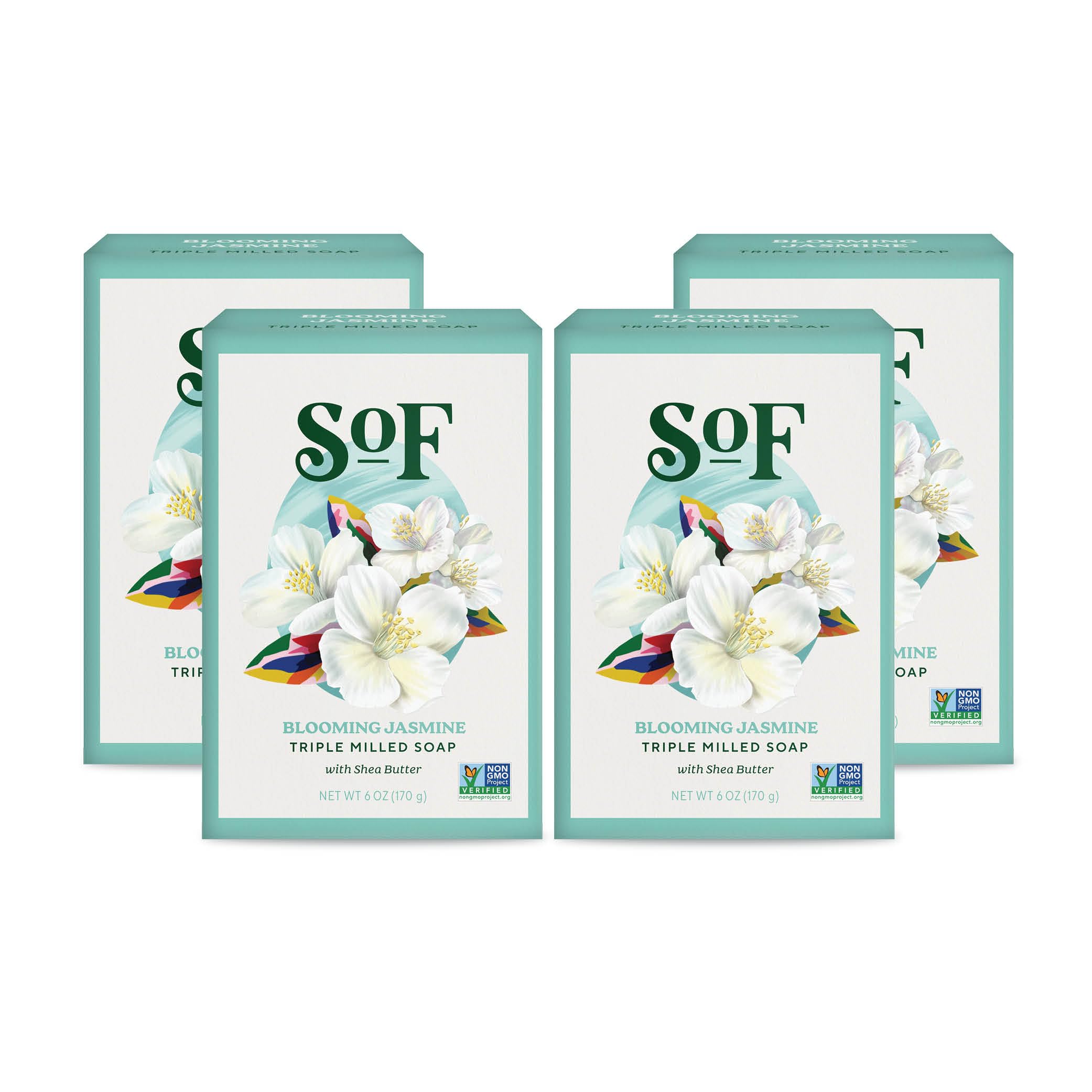 South Of France SoF Blooming Jasmine Triple Milled Bar Soap – Coconut Oil & Organic Shea Butter – Vegan & Non-GMO – 4 x 6 oz Bars