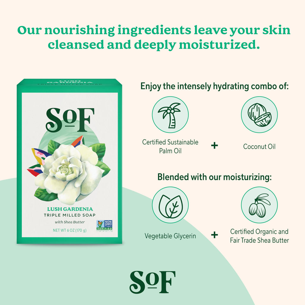 South Of France SoF Triple-Milled Gardenia Bar Soap – Coconut Oil & Organic Shea Butter, Vegan & Non-GMO, 4 x 6 oz