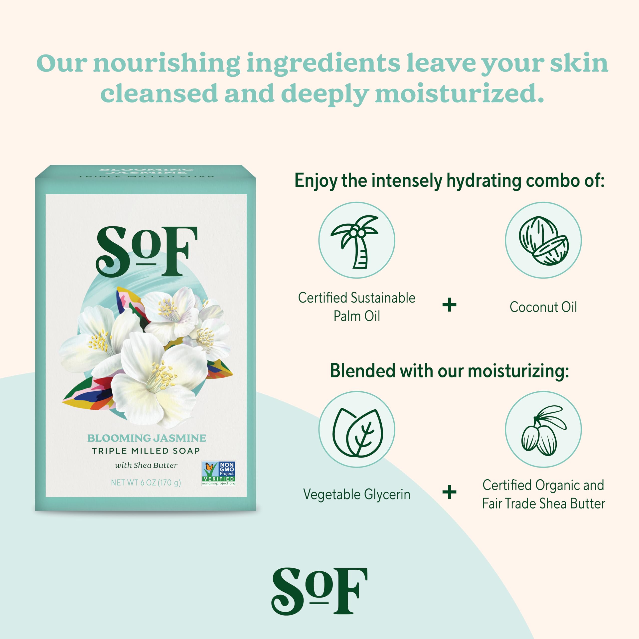 SoF Blooming Jasmine Triple Milled Bar Soap – Coconut Oil & Organic Shea Butter, Vegan & Non-GMO – 6 oz