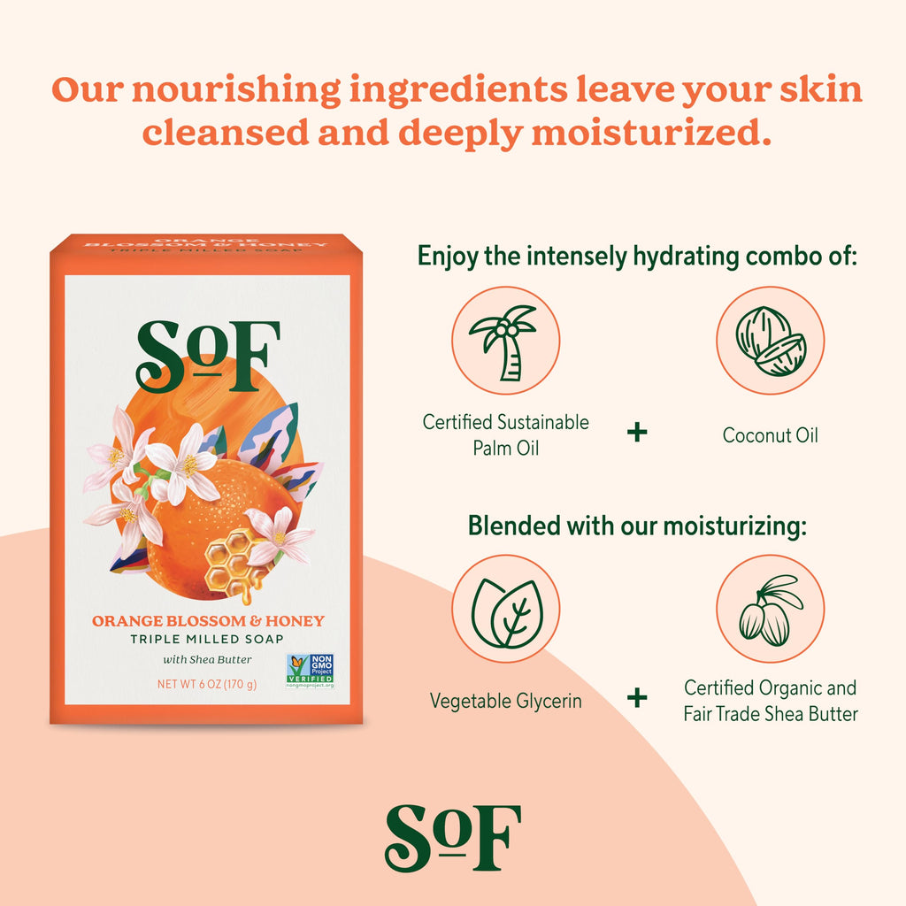 South Of France SoF Triple Milled Bar Soap – Orange Blossom & Honey, 6 Bars (6 oz each)