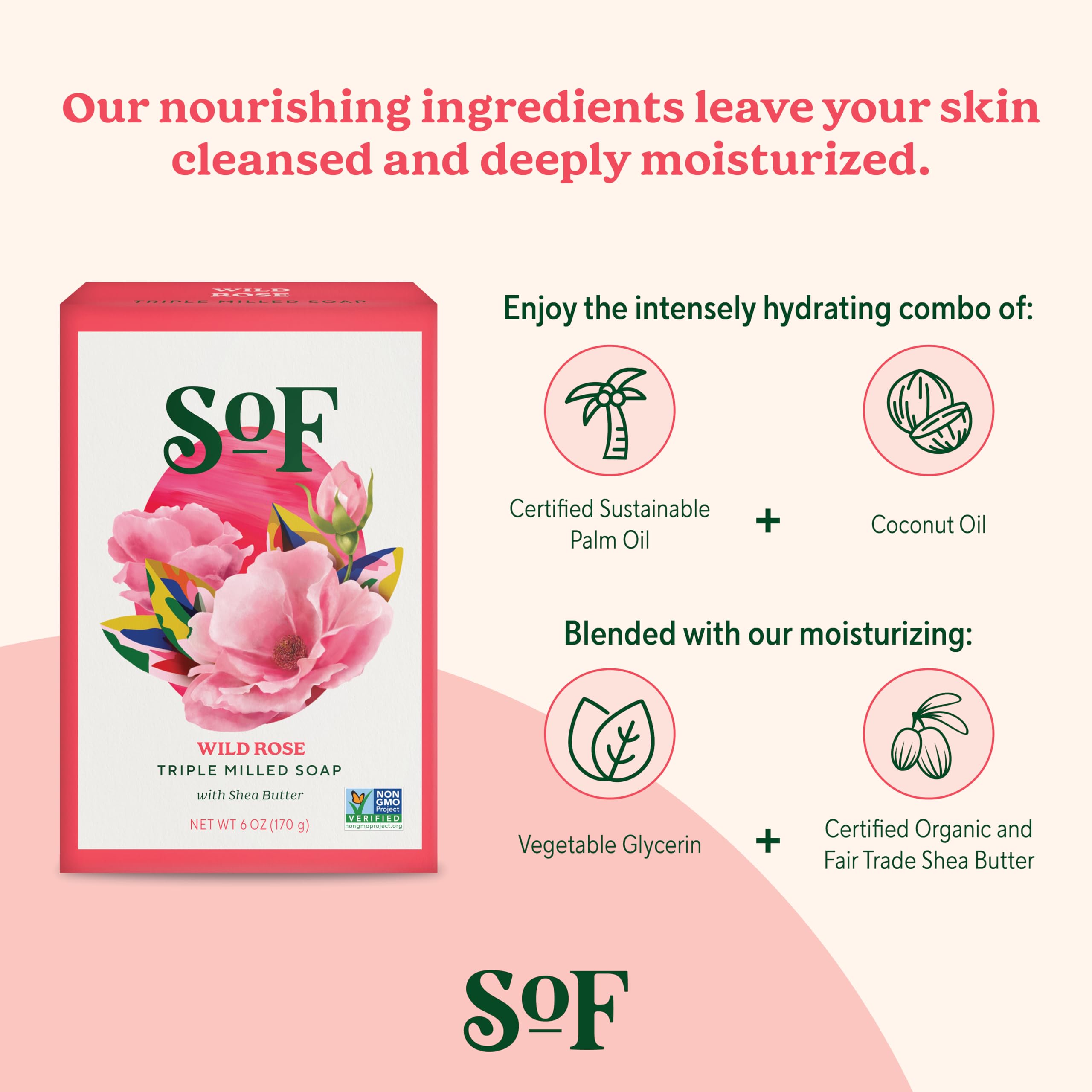 South Of France SoF Triple Milled Bar Soap – Wild Rose, Coconut Oil & Organic Shea Butter | Vegan & Non-GMO | Free From Phthalates, Sulfates & Parabens | 4 x 6 oz