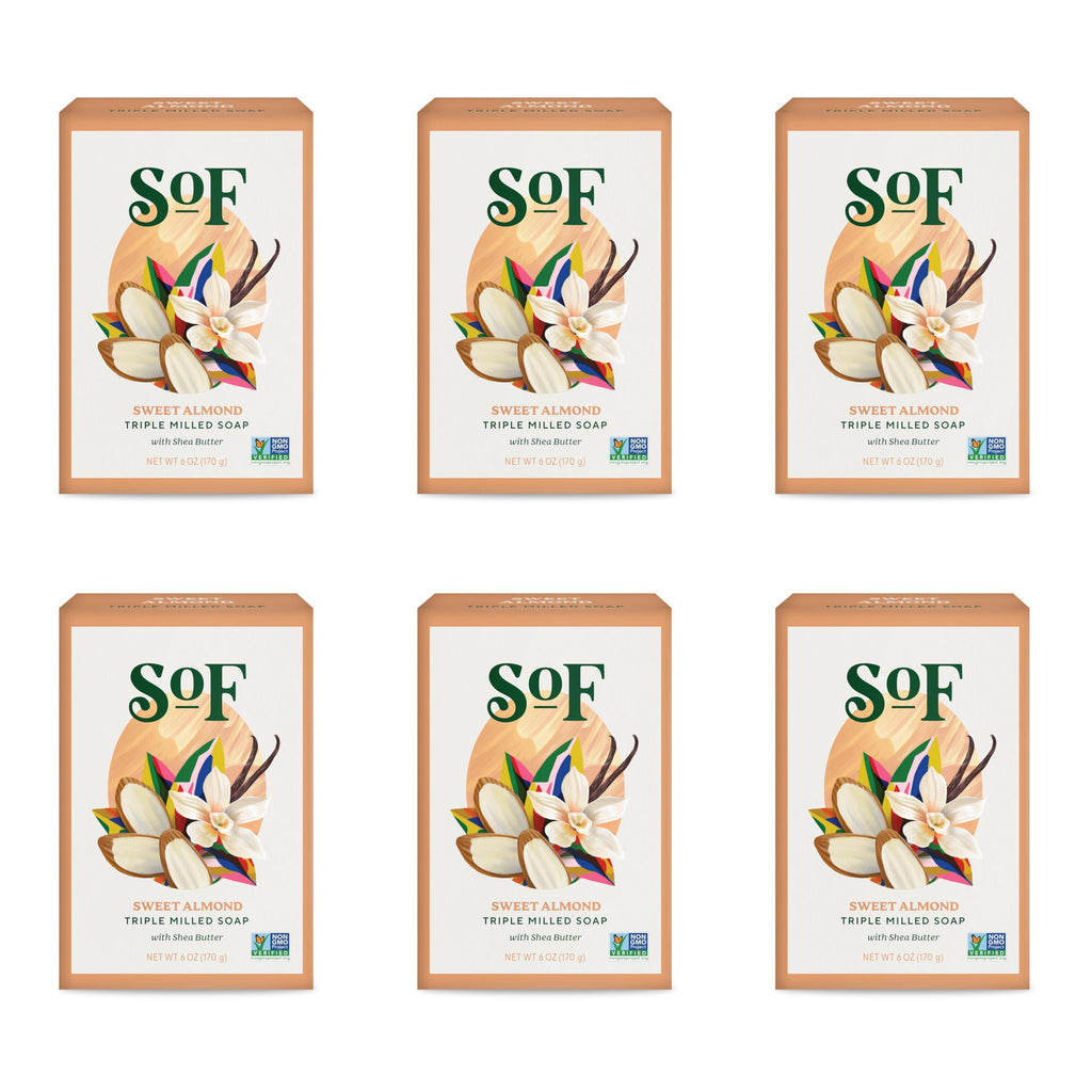 South Of France SoF Triple Milled Soap – Coconut Oil & Organic Shea Butter, Vegan & Non-GMO, Sweet Almond, 6 Bars (6 oz each)