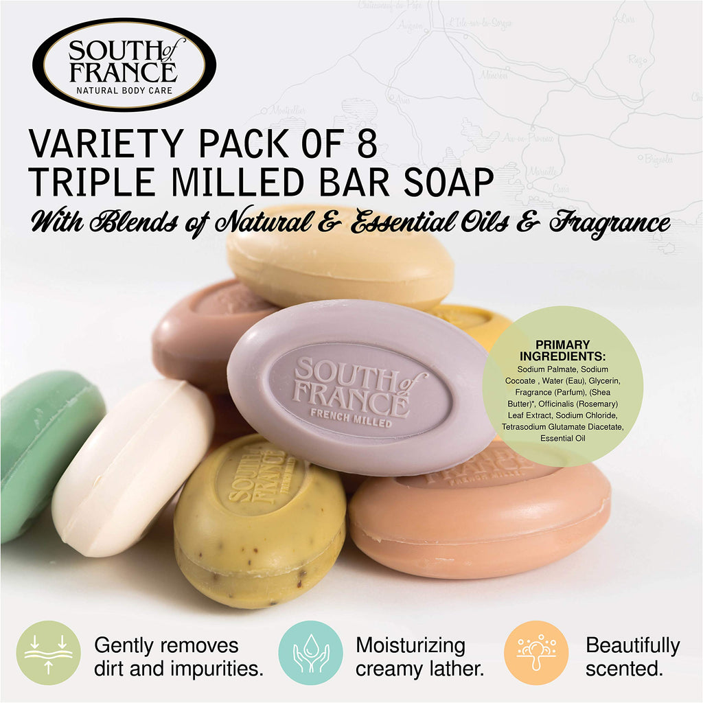 South Of France Triple Milled Large 6oz Bar Soap — Variety Pack 1 (8 Bars)
