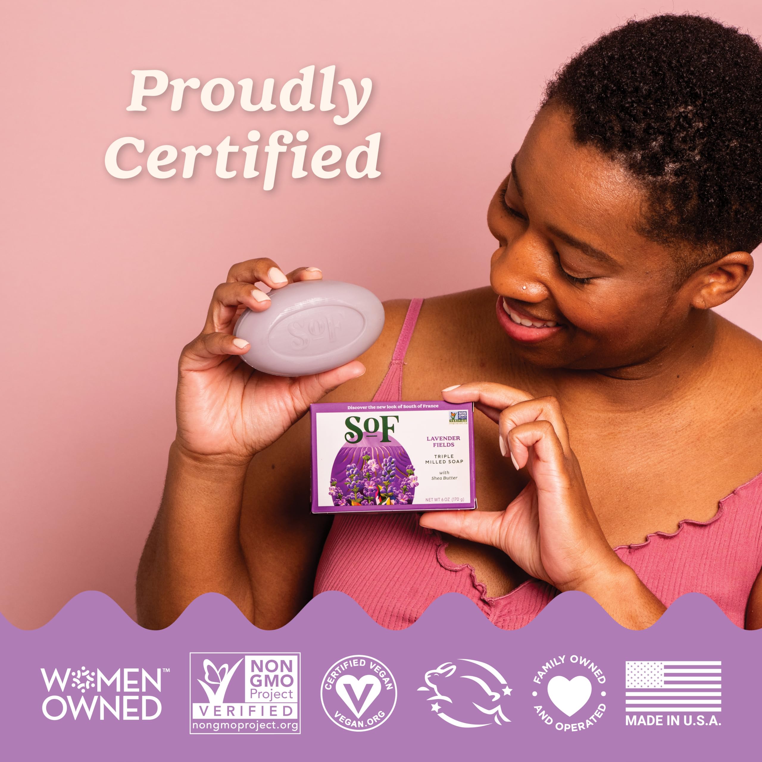 South Of France Lavender Fields Triple Milled Bar Soap - 4 x 6 oz Bars | Coconut Oil & Organic Shea Butter | Vegan & Non-GMO