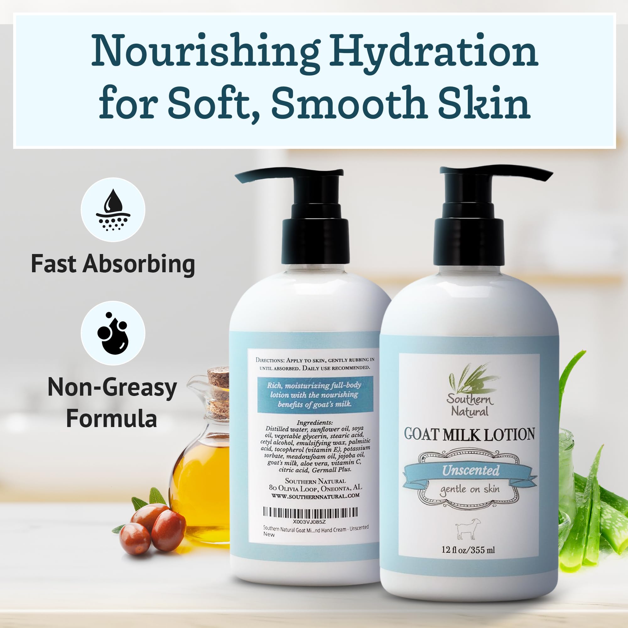 Southern Natural Goat Milk Lotion – Unscented 12oz for Dry & Sensitive Skin