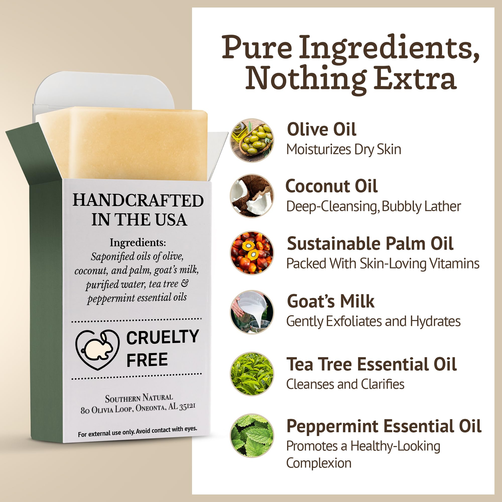 Southern Natural Goat Milk Soap Bar (3 Pack) – Tea Tree Peppermint for Dry, Sensitive Skin
