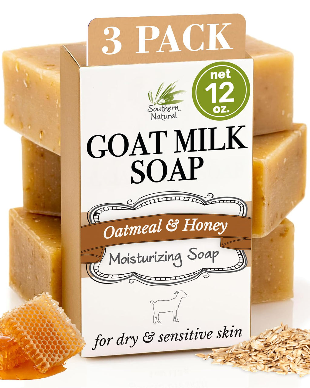 Southern Natural Oatmeal Soap Bar (3 Pack) – Unscented Goat Milk for Dry, Sensitive Skin