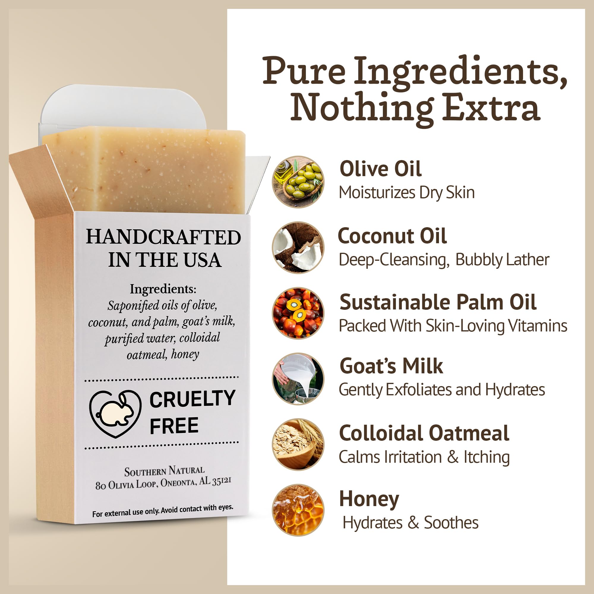 Southern Natural Oatmeal Soap Bar (3 Pack) – Unscented Goat Milk for Dry, Sensitive Skin