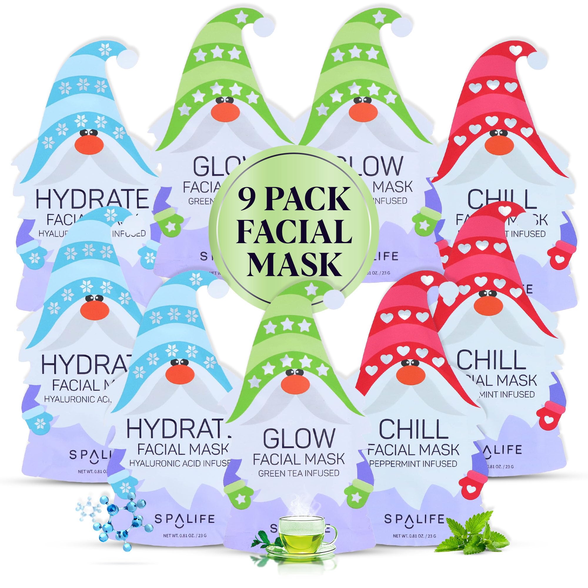 SpaLife Holiday Gnome Facial Masks 9 Pack | Korean Sheet Masks for Hydration, Glow & Self-Care