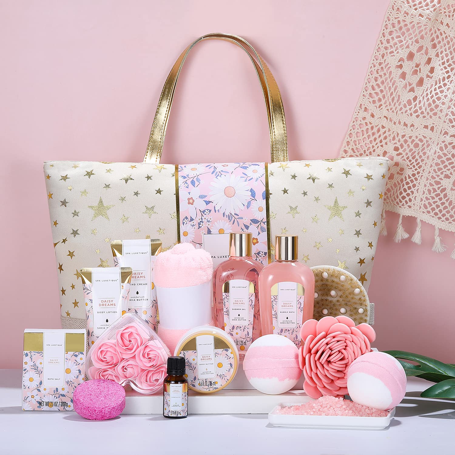 Spa Luxetique Daisy Dream 15-Piece Bath Gift Set – Shower Gel, Hand Cream & Tote