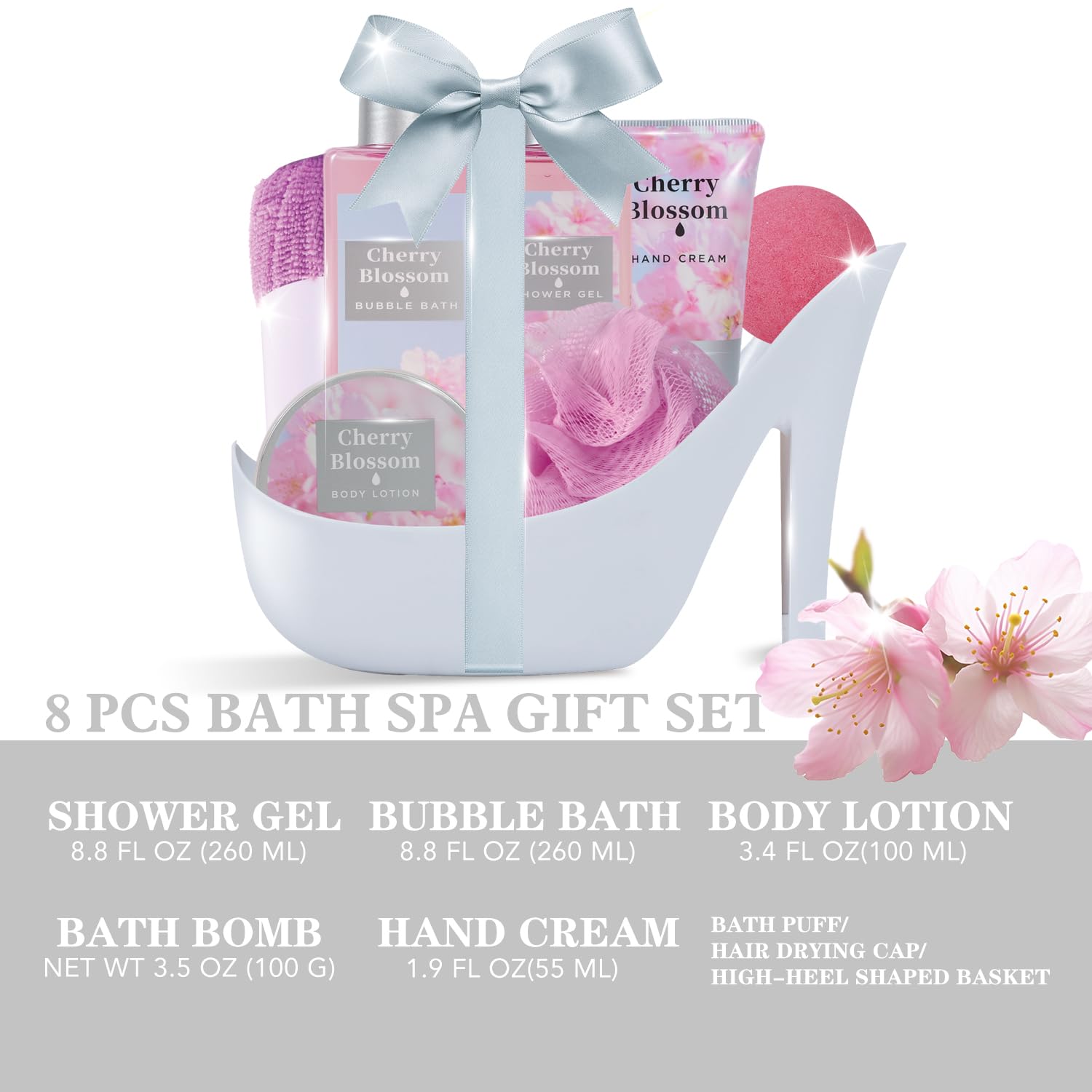 Spa Luxetique Valentines Day Gift Set – 8pc Cherry Blossom High Heel Spa Set for Women
