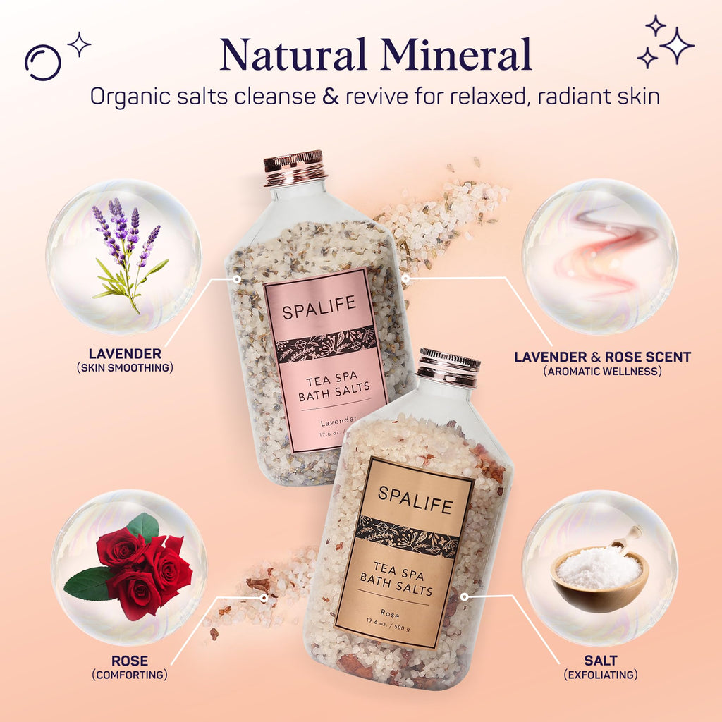 SpaLife Effervescent Rose & Lavender Bath Salts – Dead Sea Mineral Soak Duo (2 x 17.6 oz)