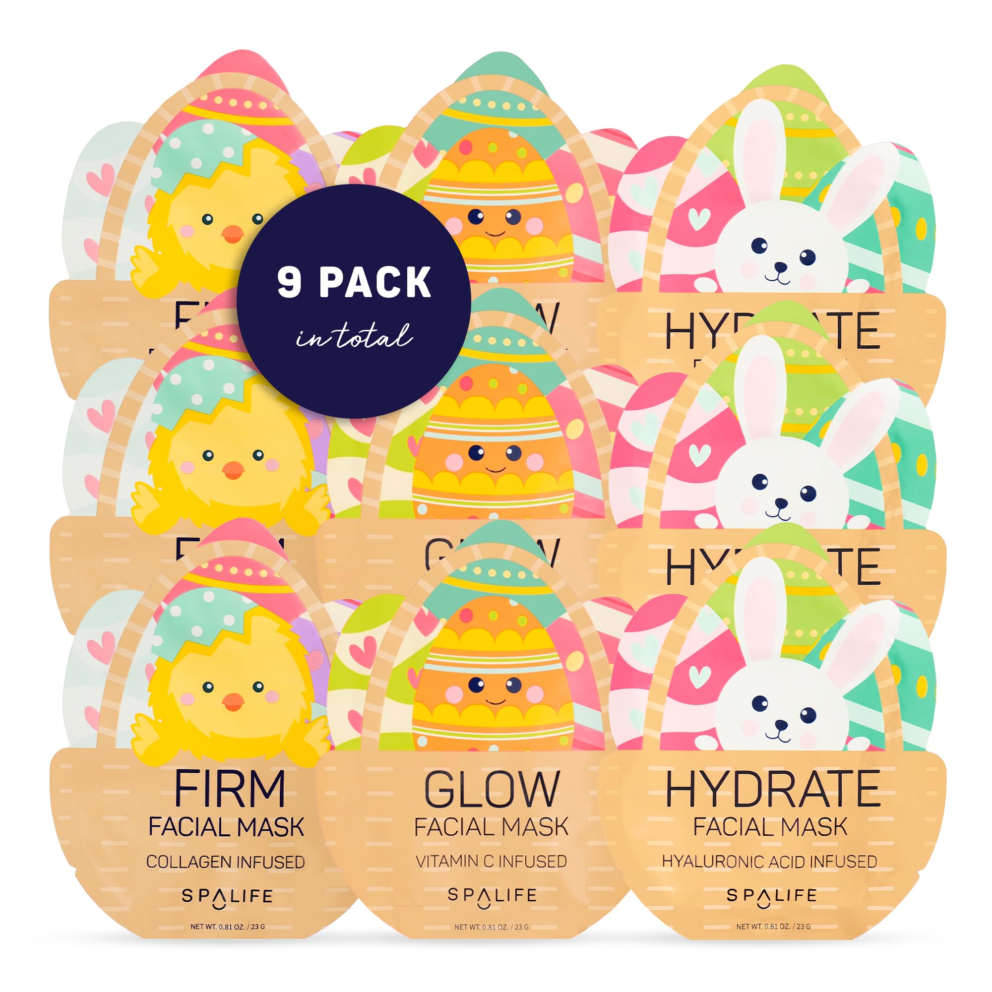 SpaLife Spring & Easter Facial Masks (9-Pack) – Hyaluronic Acid, Collagen, Vitamin C – Hydrate, Firm, Brighten
