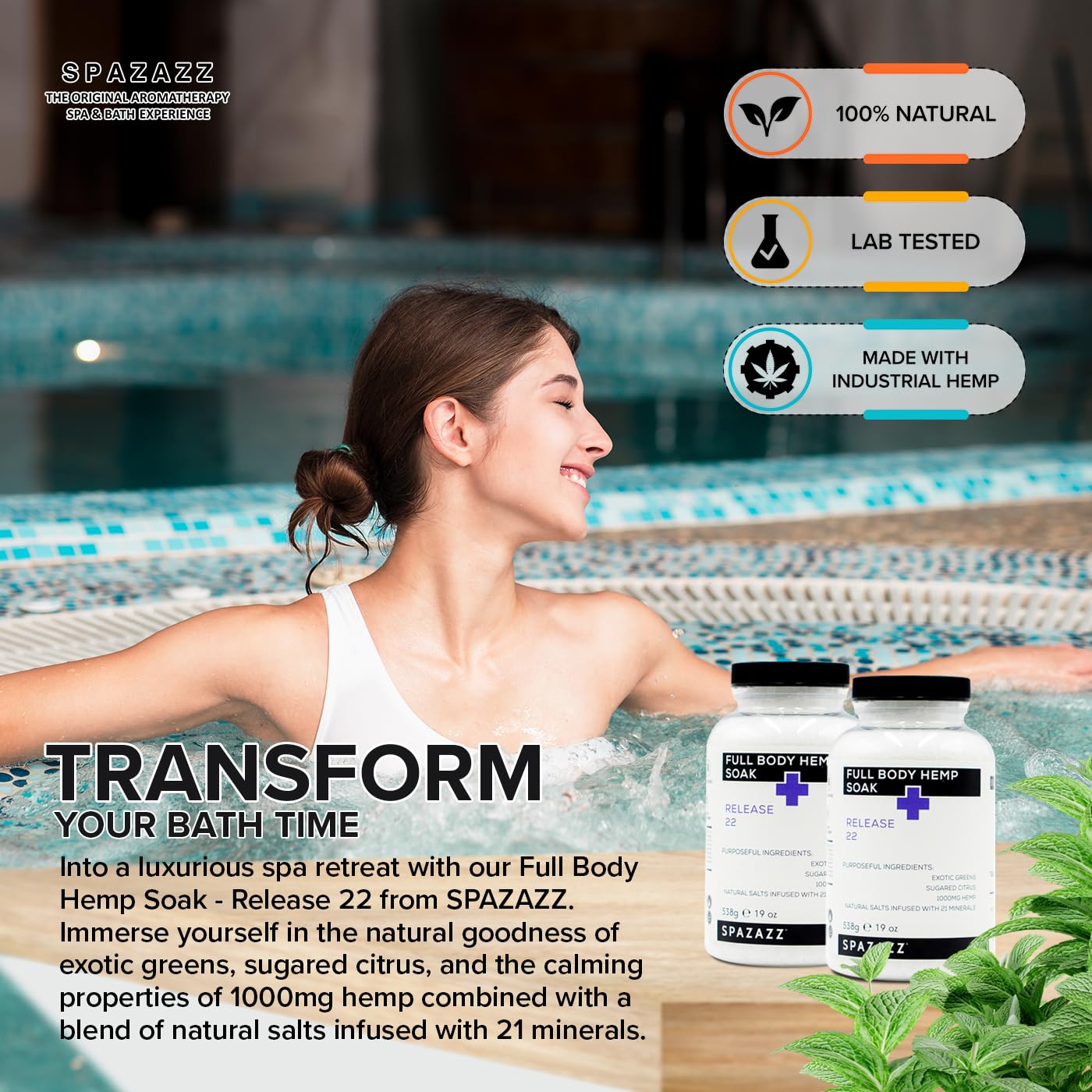 Spazazz Full Body Hemp Soak - 1000mg Hemp Bath Salts for Spa-Quality Baths & Hot Tubs | 538g