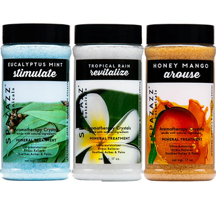 SPAZAZZ SPA BOMBZZ 3-Pack Aromatherapy Bath Salt Crystals – Eucalyptus Mint, Tropical Rain, Honey Mango | 17 oz