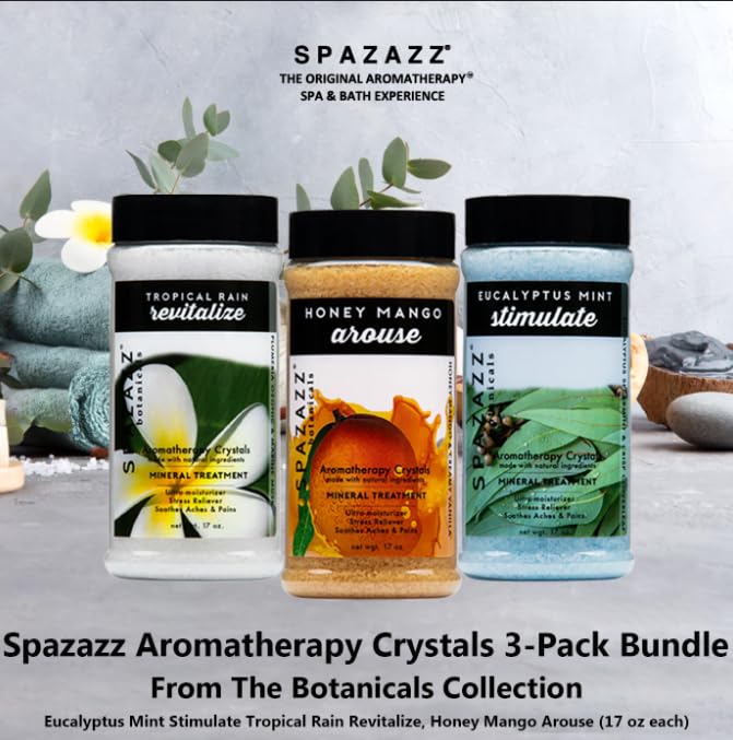 SPAZAZZ SPA BOMBZZ 3-Pack Aromatherapy Bath Salt Crystals – Eucalyptus Mint, Tropical Rain, Honey Mango | 17 oz