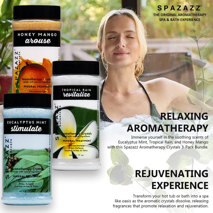 SPAZAZZ SPA BOMBZZ 3-Pack Aromatherapy Bath Salt Crystals – Eucalyptus Mint, Tropical Rain, Honey Mango | 17 oz