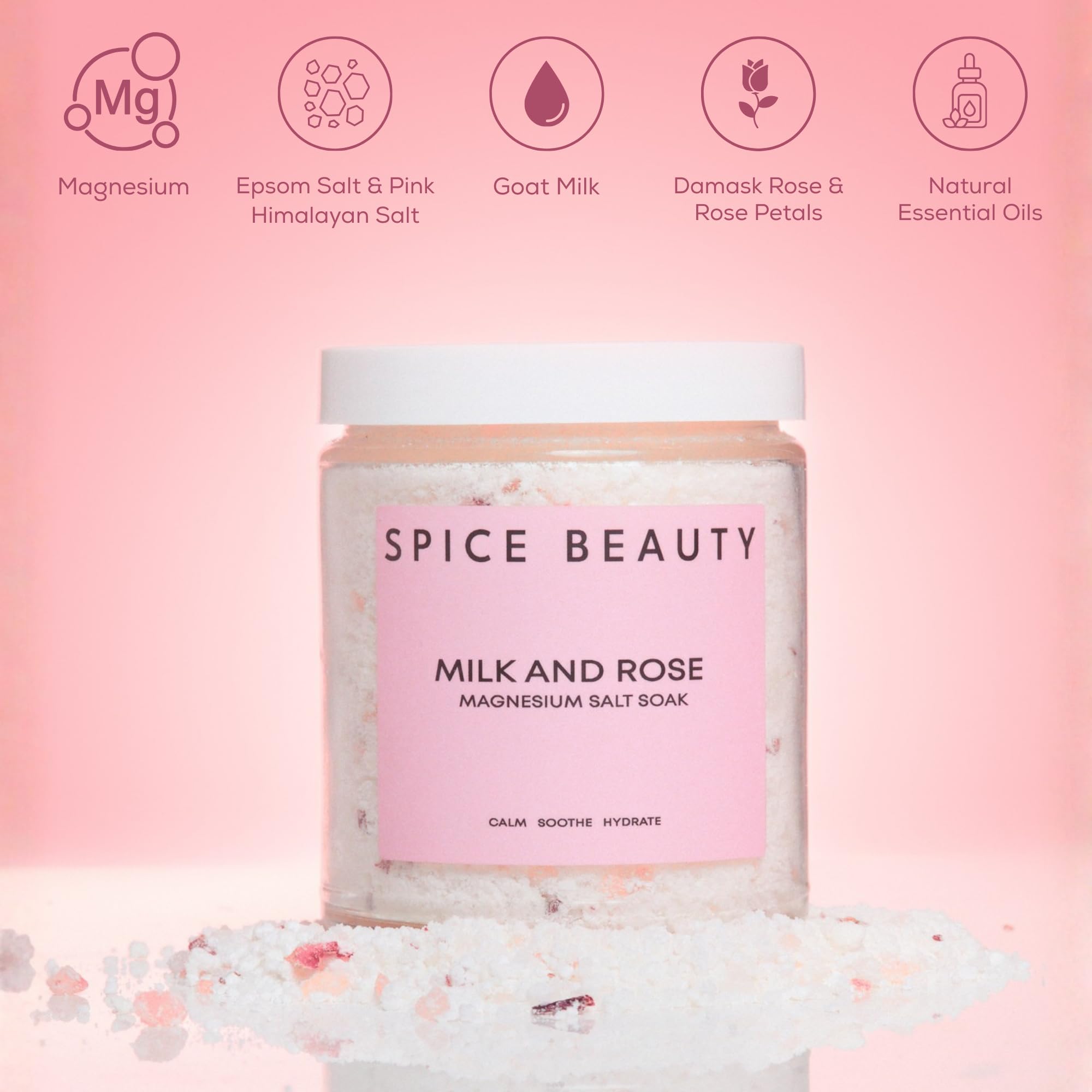 SPICE BEAUTY Goat Milk & Rose Magnesium Salt Soak | Epsom Bath Salt for Muscle Relaxation, Skin Hydration | 9 oz
