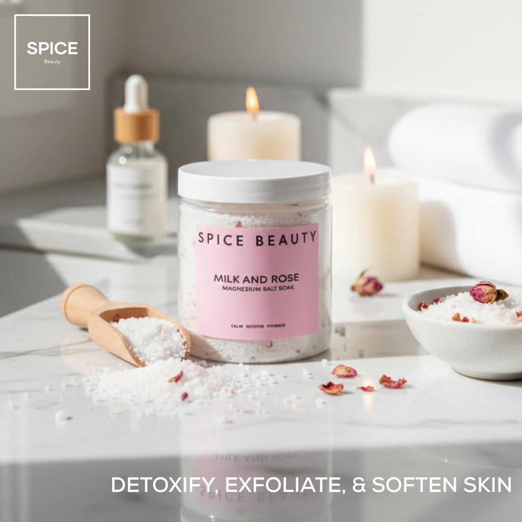 SPICE BEAUTY Goat Milk & Rose Magnesium Salt Soak | Epsom Bath Salt for Muscle Relaxation, Skin Hydration | 9 oz