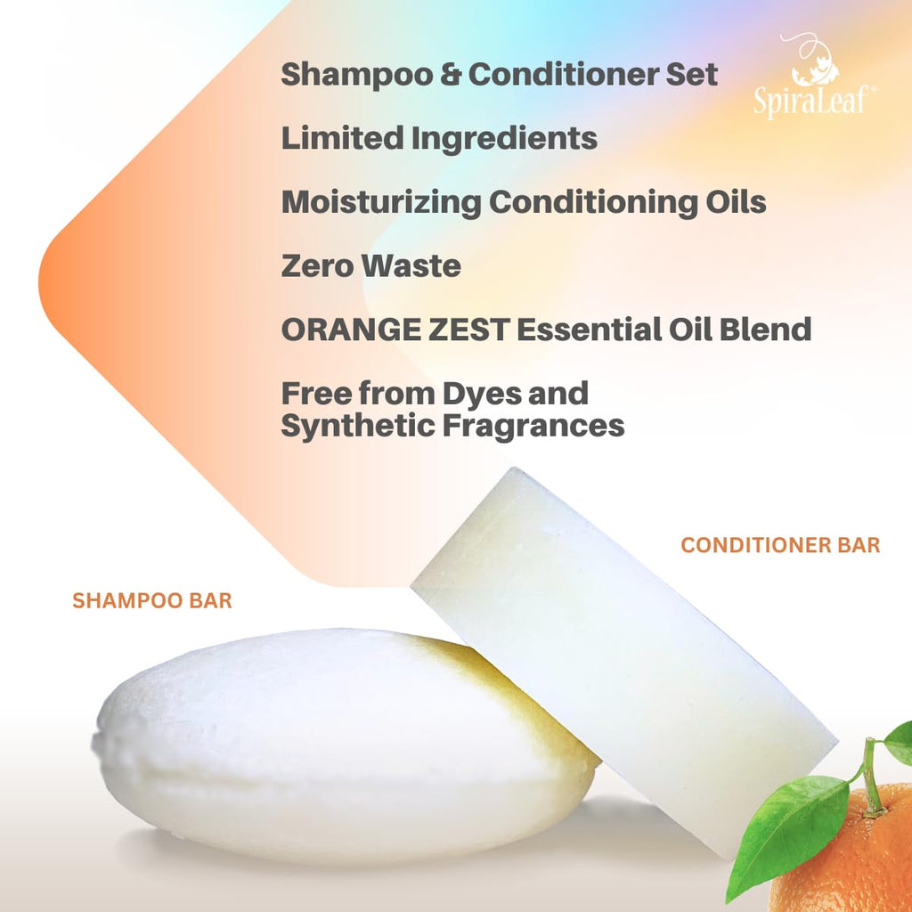 Spiraleaf Orange Zest Shampoo Bar & Conditioner Bar Set – Fragrance-Free, Limited Ingredients