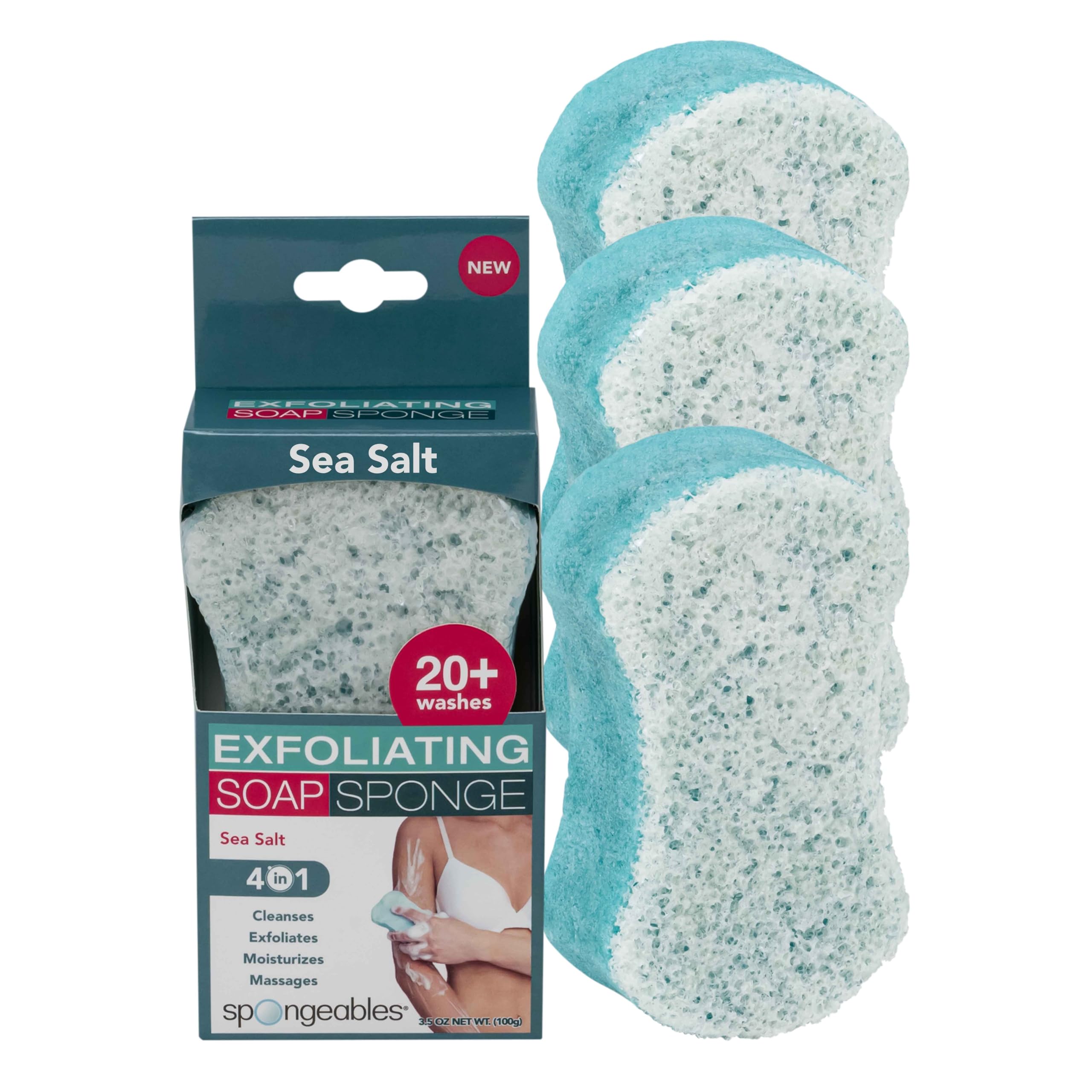 Spongeables Sea Salt Body Wash Sponge – 20+ Wash, 3 Count | Paraben-Free & Vegan