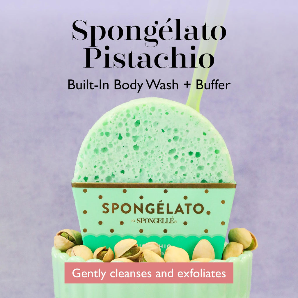 Spongelato Loofah Exfoliating Body Scrubber by Spongelle | Gelato-Inspired Body Wash Infused Buffer | 14+ Uses | Pistachio Gelato