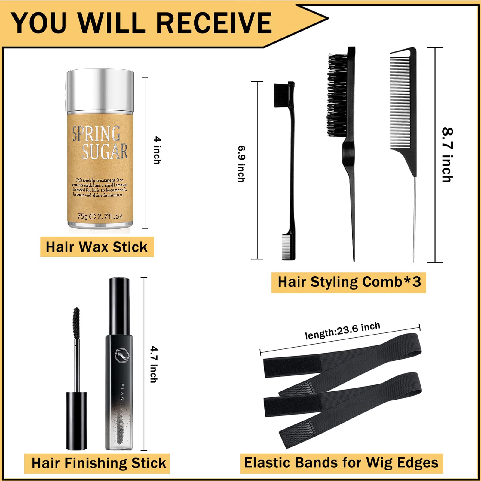 SPRINGSUGAR 7-Pcs Hair Wax & Edge Control Set for Women – Strong Hold, Wig Edges, Finishing Stick