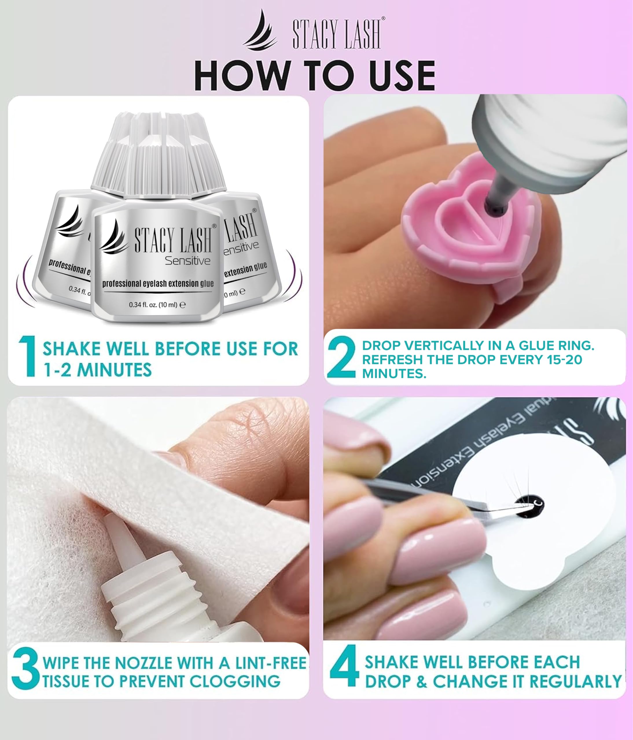 STACY LASH Sensitive Eyelash Extension Glue 0.34 oz | Low Fume, Fast Dry, 4-5 Week Retention (Includes Glue Ring)