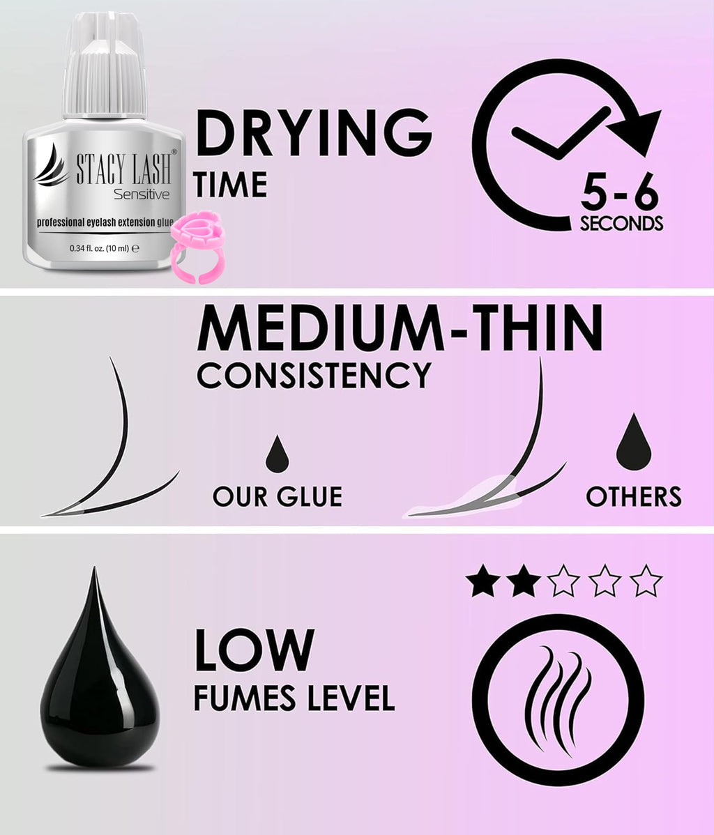 STACY LASH Sensitive Eyelash Extension Glue 0.34 oz | Low Fume, Fast Dry, 4-5 Week Retention (Includes Glue Ring)