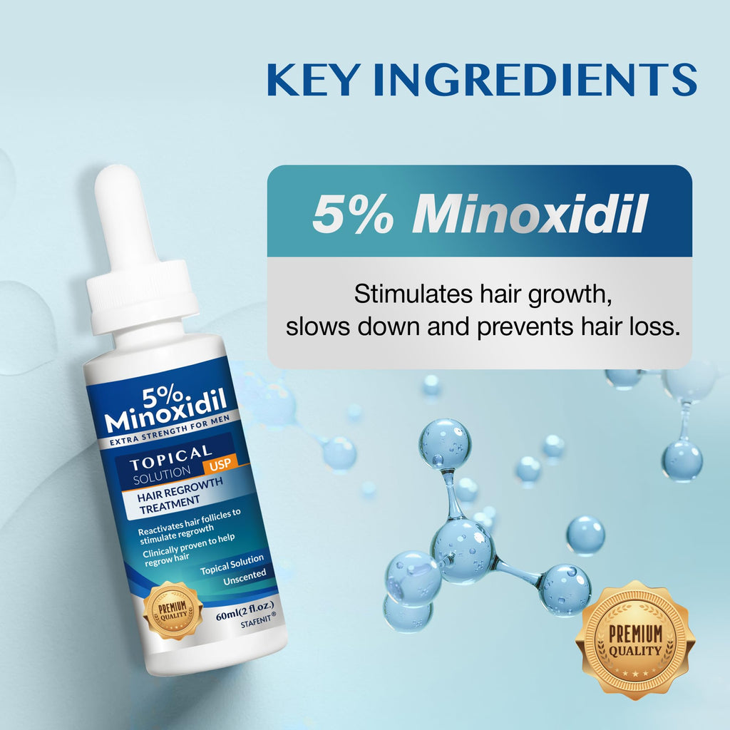 Stafenit 5% Minoxidil Hair Growth Serum for Men and Women — Extra Strength Beard & Scalp Regrowth, 3 x 60ml