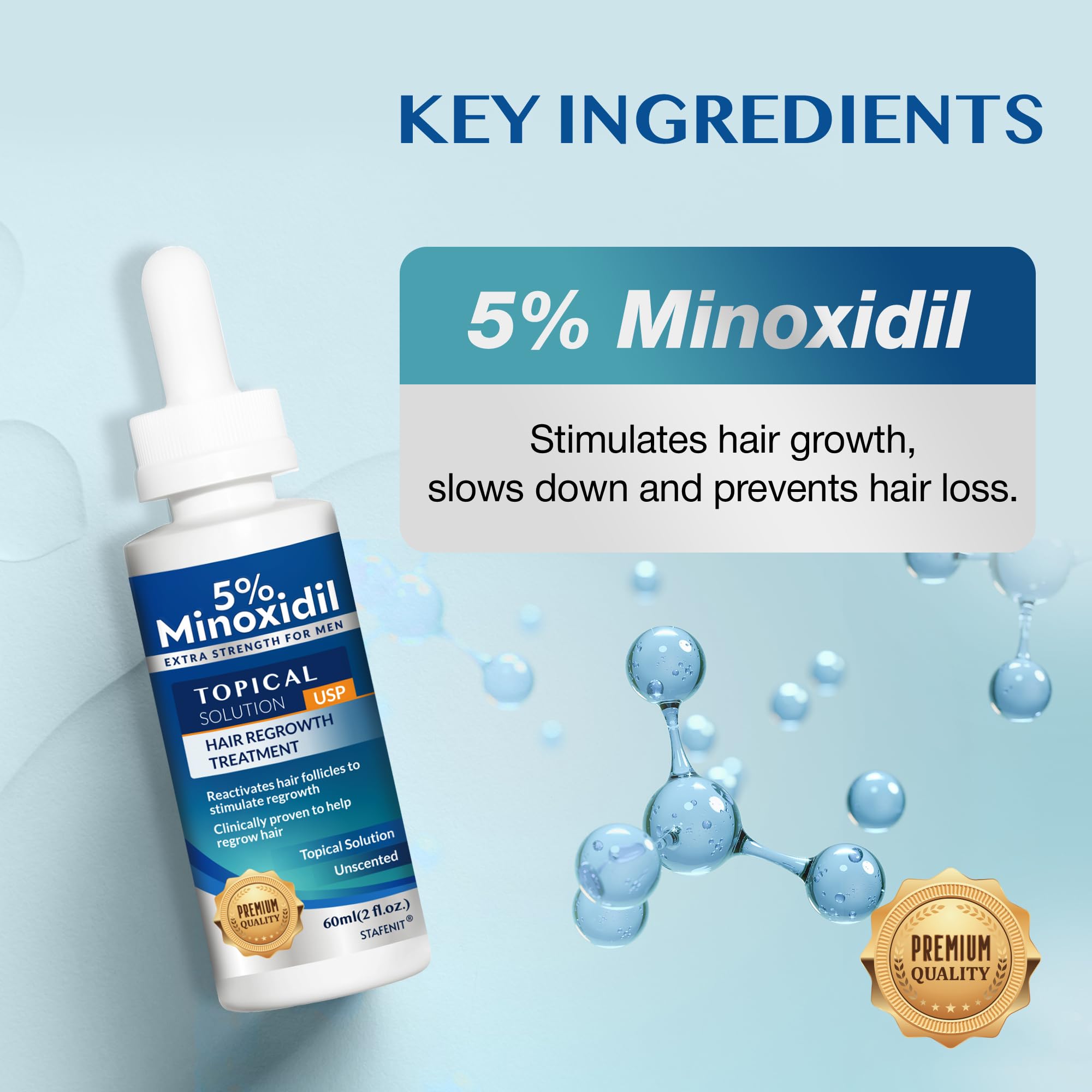 Stafenit 5% Minoxidil Hair Growth Serum for Men and Women — Extra Strength Beard & Scalp Regrowth, 3 x 60ml
