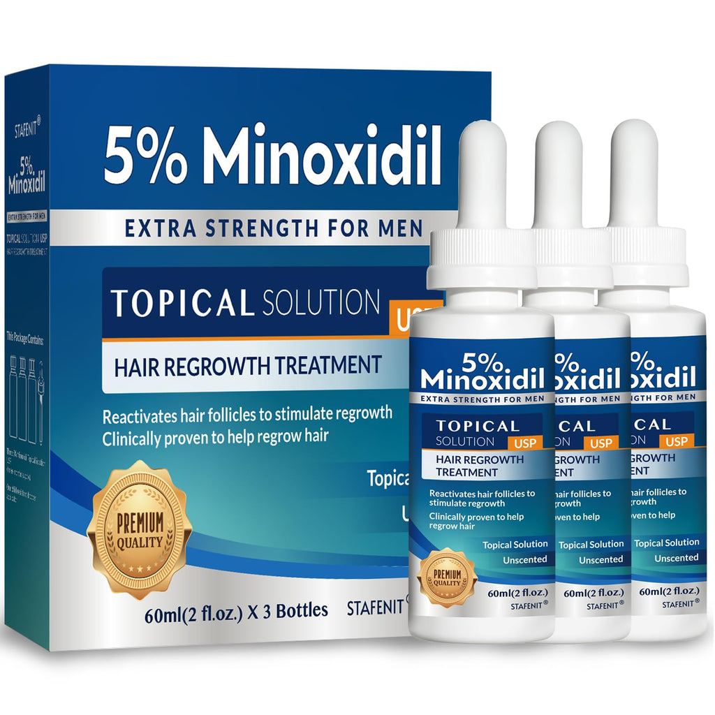 Stafenit 5% Minoxidil Hair Growth Serum for Men and Women — Extra Strength Beard & Scalp Regrowth, 3 x 60ml