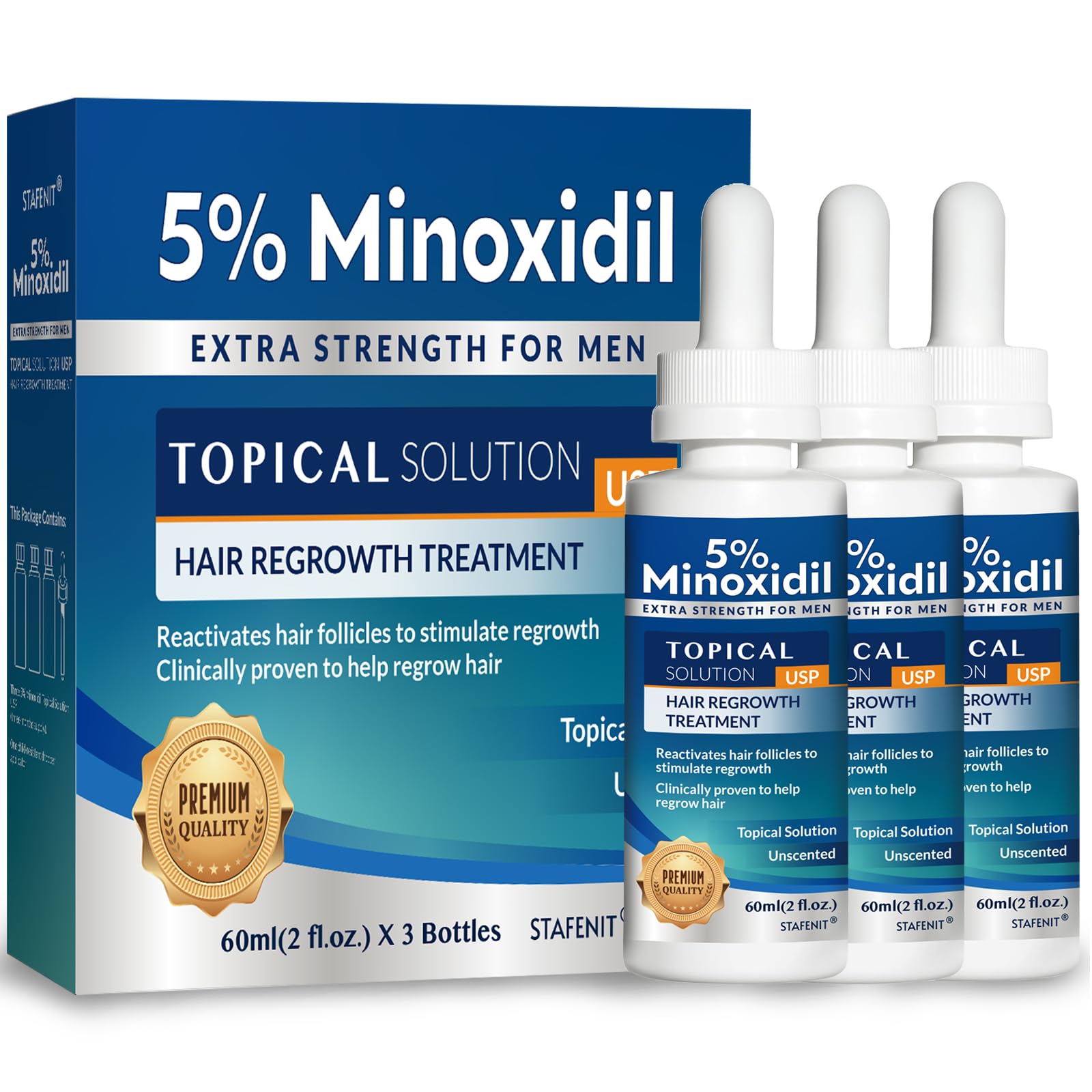 Stafenit 5% Minoxidil Hair Growth Serum for Men and Women — Extra Strength Beard & Scalp Regrowth, 3 x 60ml