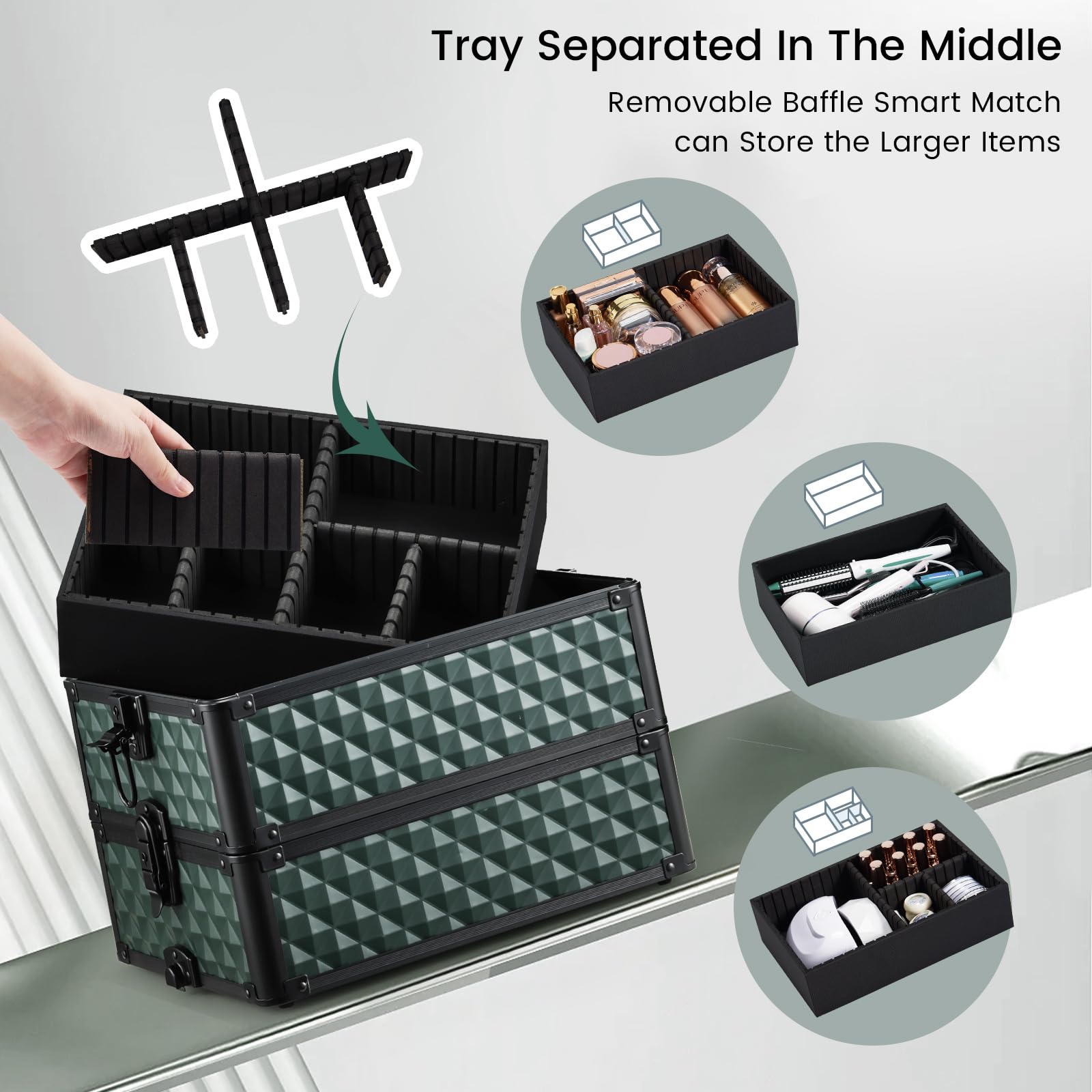 Stagiant Rolling Makeup Case 4-in-1 on Wheels | Portable Salon Organizer (Green)