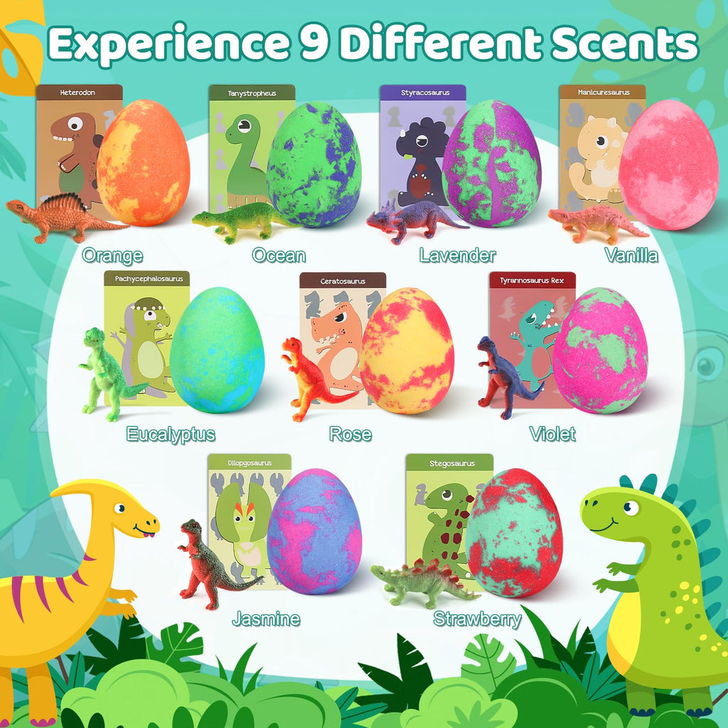 STARYAR 9-Pack Dinosaur Bath Bombs with Surprise Toys – Kids Bath Fizzies & Dino Cards