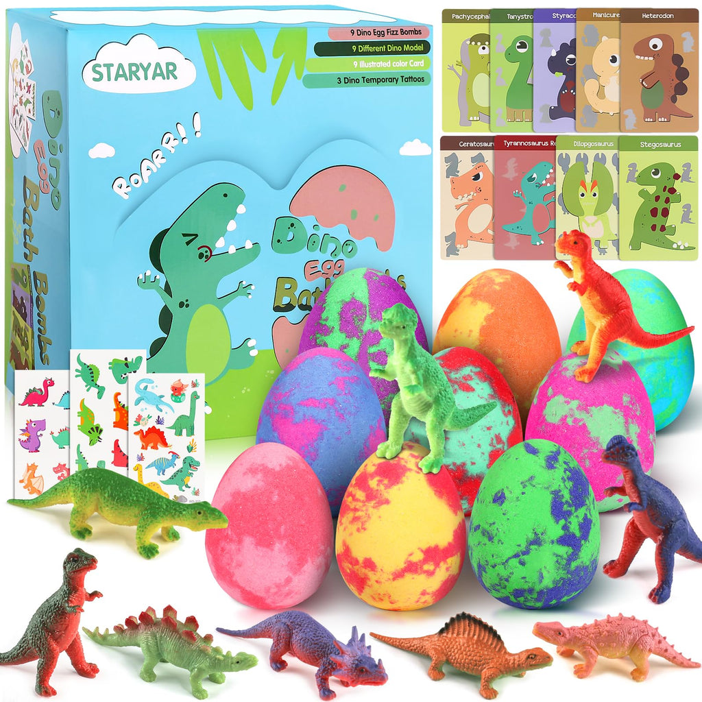 STARYAR 9-Pack Dinosaur Bath Bombs with Surprise Toys – Kids Bath Fizzies & Dino Cards