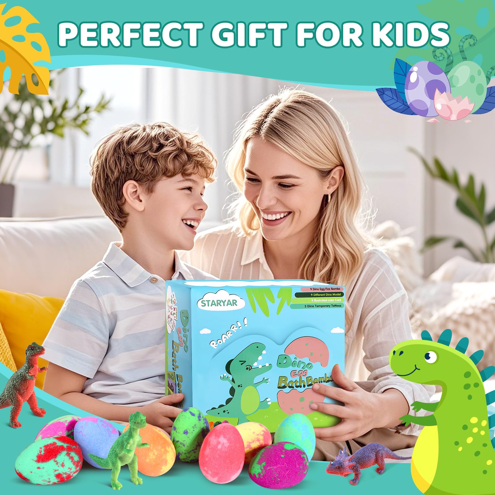 STARYAR 9-Pack Dinosaur Bath Bombs with Surprise Toys – Kids Bath Fizzies & Dino Cards